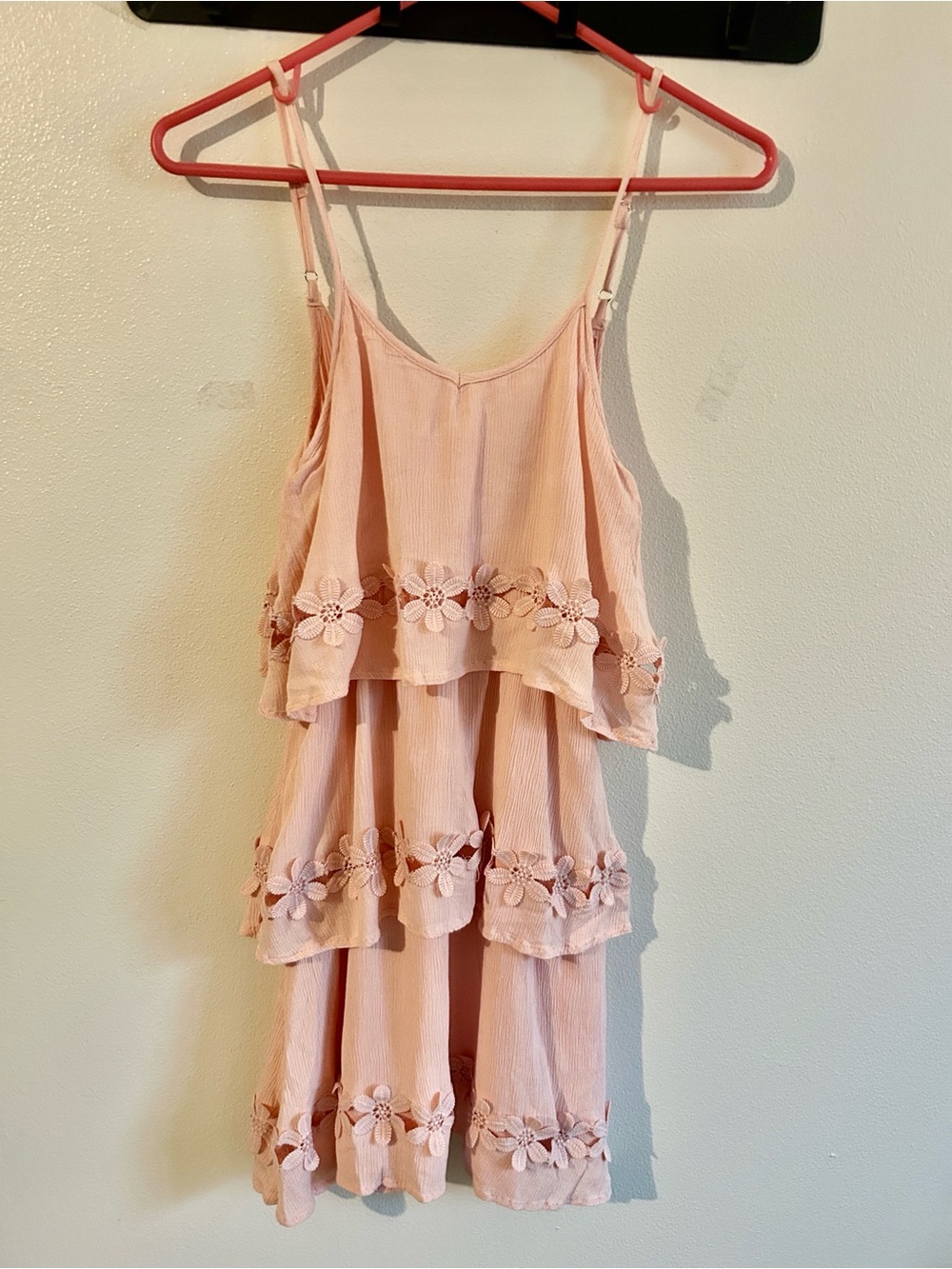 Alya Soft Pink Floral Rayon Crochet-Trim Spaghetti Straps Mini Dress:S